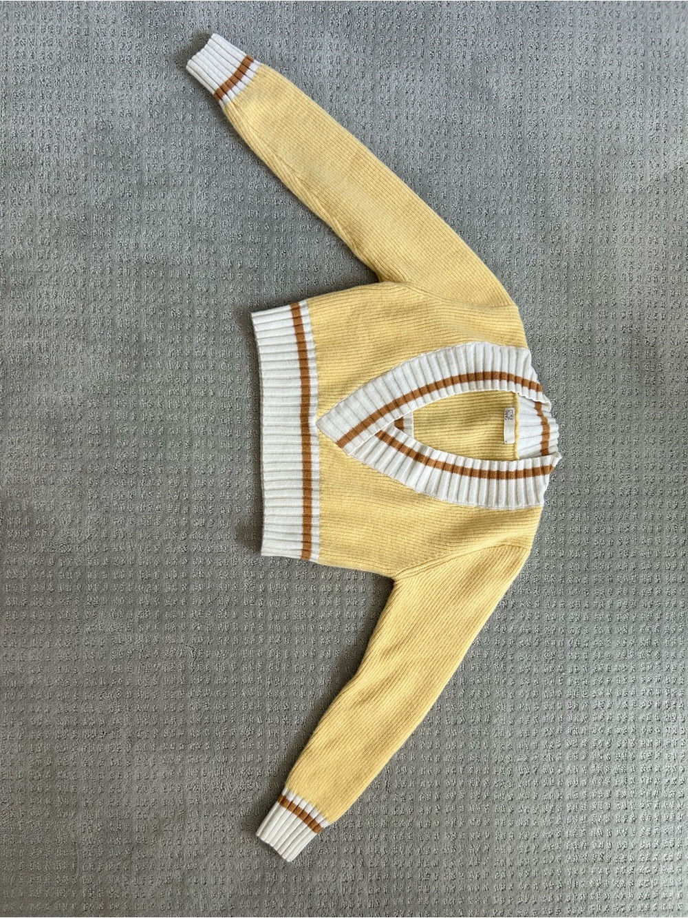 Yellow V-Neck Striped Trim Cropped Sweater